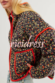 Floral Print Pocket Contrast Concealed Button Cotton Coat