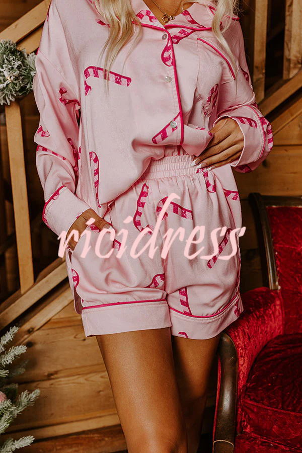 Candy Cane Kisses Satin Printed Elastic Waist Pocket Pajama Shorts Set