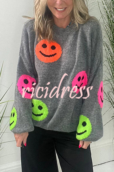 Smiley Face Knit Dropped Shoulders Loose Pullover Sweater